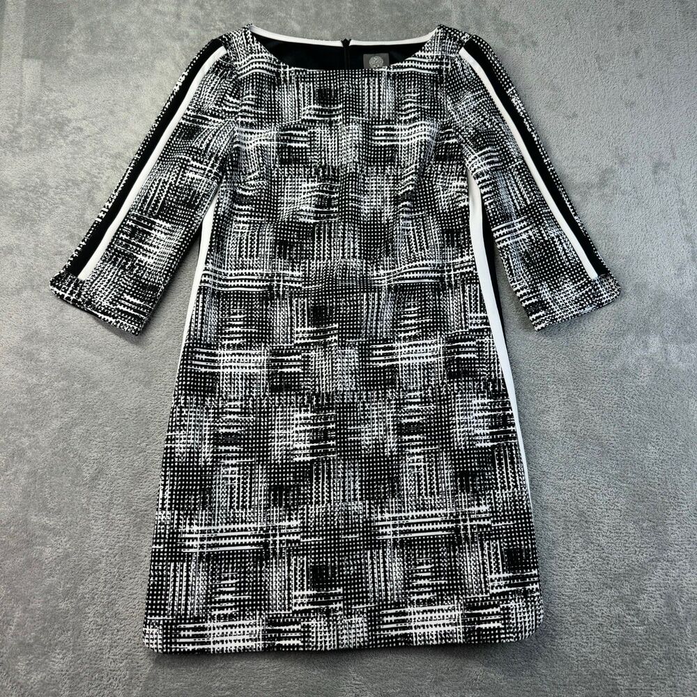 Vince Camuto Dress Women's 4 Black White 3/4 Sleeve Geometric Stretch A-Line Top